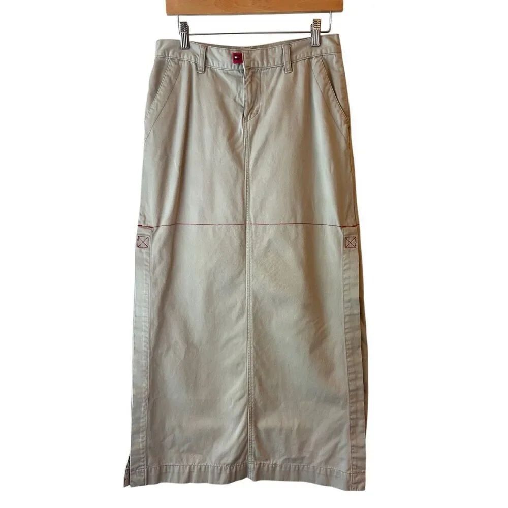 Vintage Tommy Jeans Maxi Khaki Skirt Sz 7 High Slit 90's Y2K Street